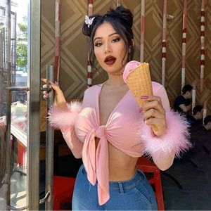 Pink Tie Up Faux Fur Blouse